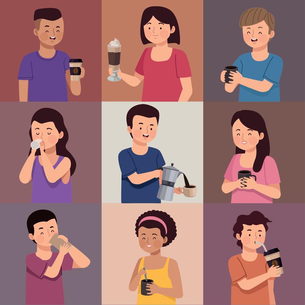nine persons drinking coffee vector