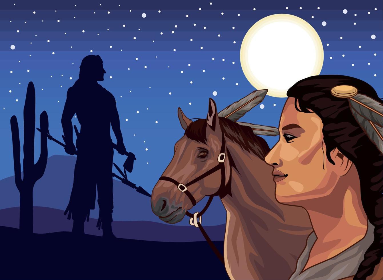 natives and horse night vector