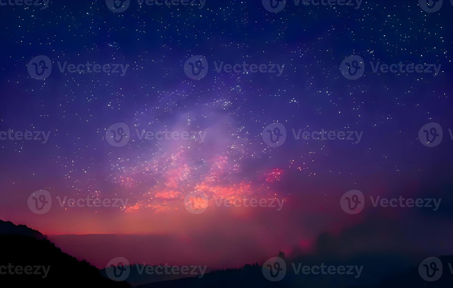 Milky Way and pink light at mountains. Night colorful landscape. Starry sky with hills at summer. Beautiful Universe. Space background with galaxy. Travel background photo