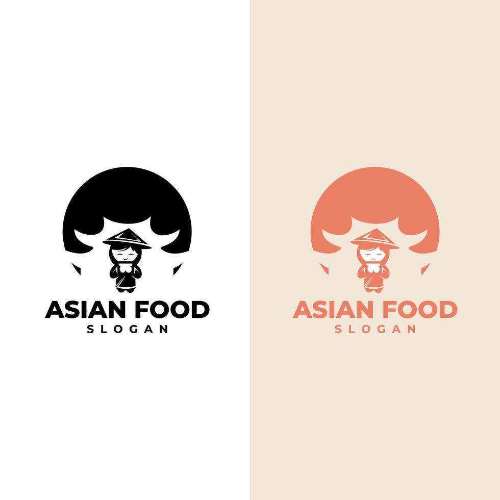 logo vectorial de una linda mujer china que lleva un tazón de fideos, logo de comida, con un fondo blanco vector