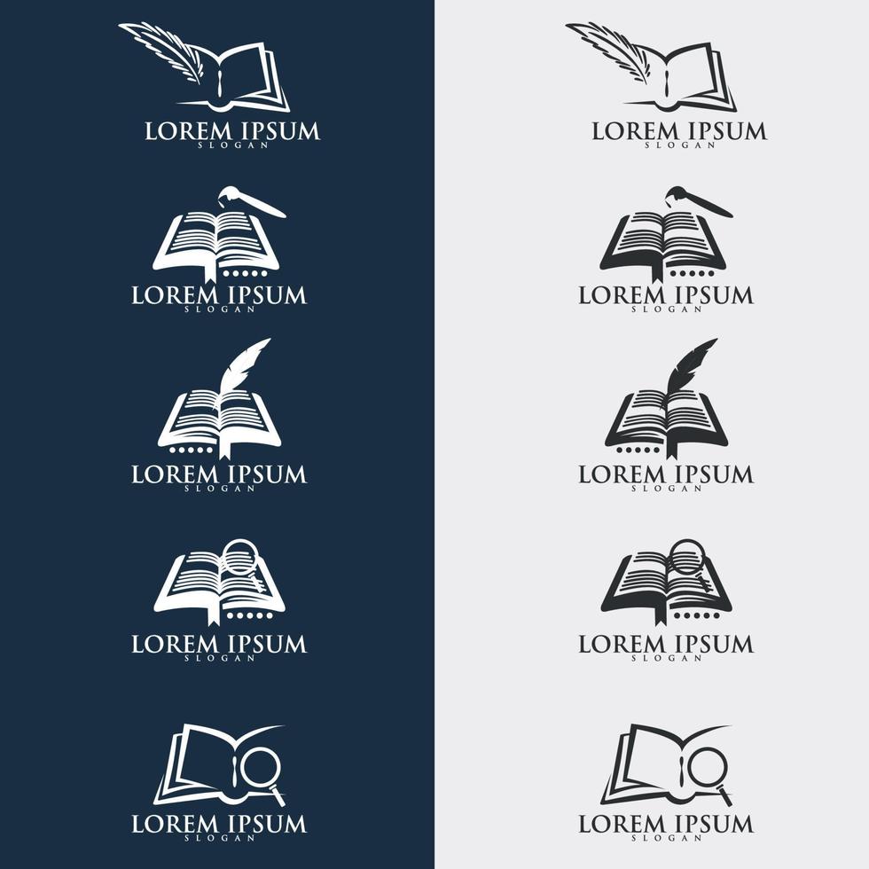 pluma de pluma escribiendo en los papeles en un logotipo de libro abierto. diseño de icono de logotipo de educación. adecuado para el logotipo de la empresa, impresión, digital, icono, aplicaciones y otros fines de material de marketing. conjunto de logotipos de educación. vector