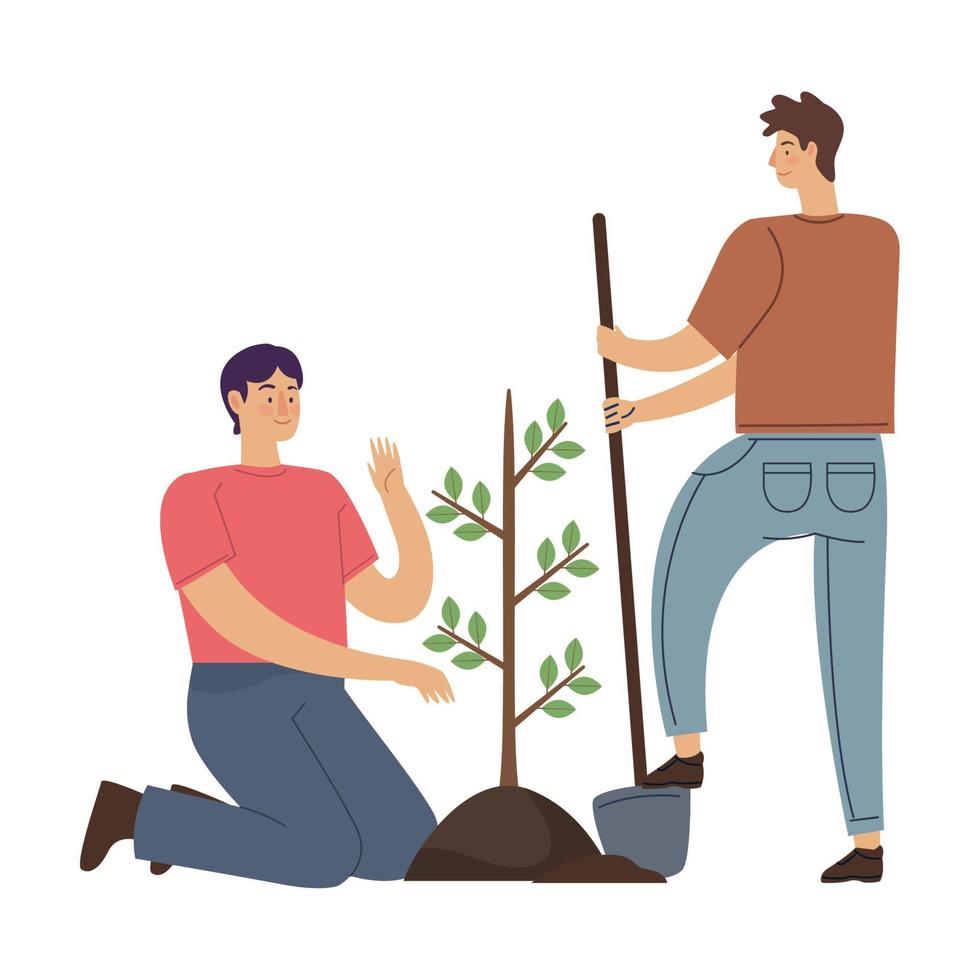 hombres ecologistas plantando árboles vector