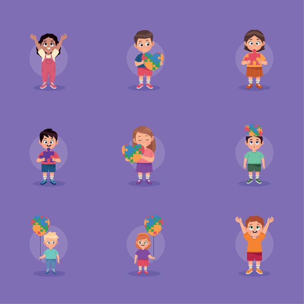 nine kids autism day vector