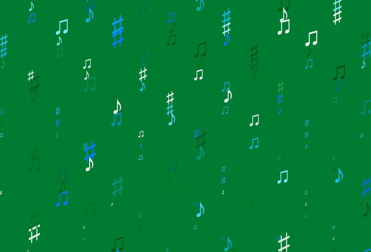 Telón de fondo de vector azul claro, verde con notas musicales.