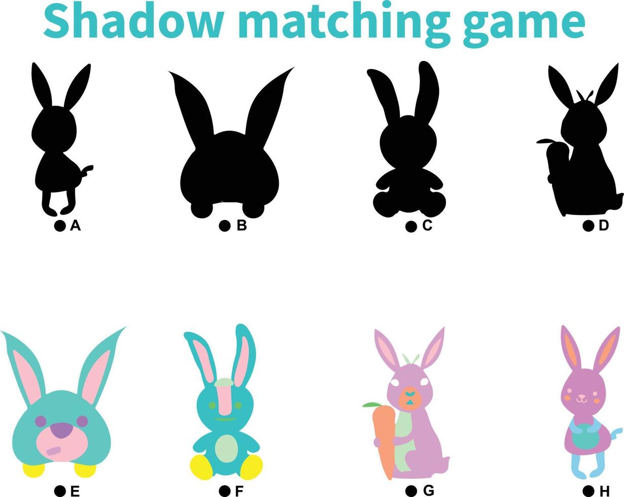 actividad del juego de coincidencia de sombras de Pascua. juego educativo de celebración navideña para niños. encuentre la hoja de trabajo imprimible de la silueta correcta vector