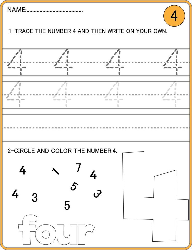 Tracing numbers activity. Trace the number 4 Educational children game, printable worksheet vector
