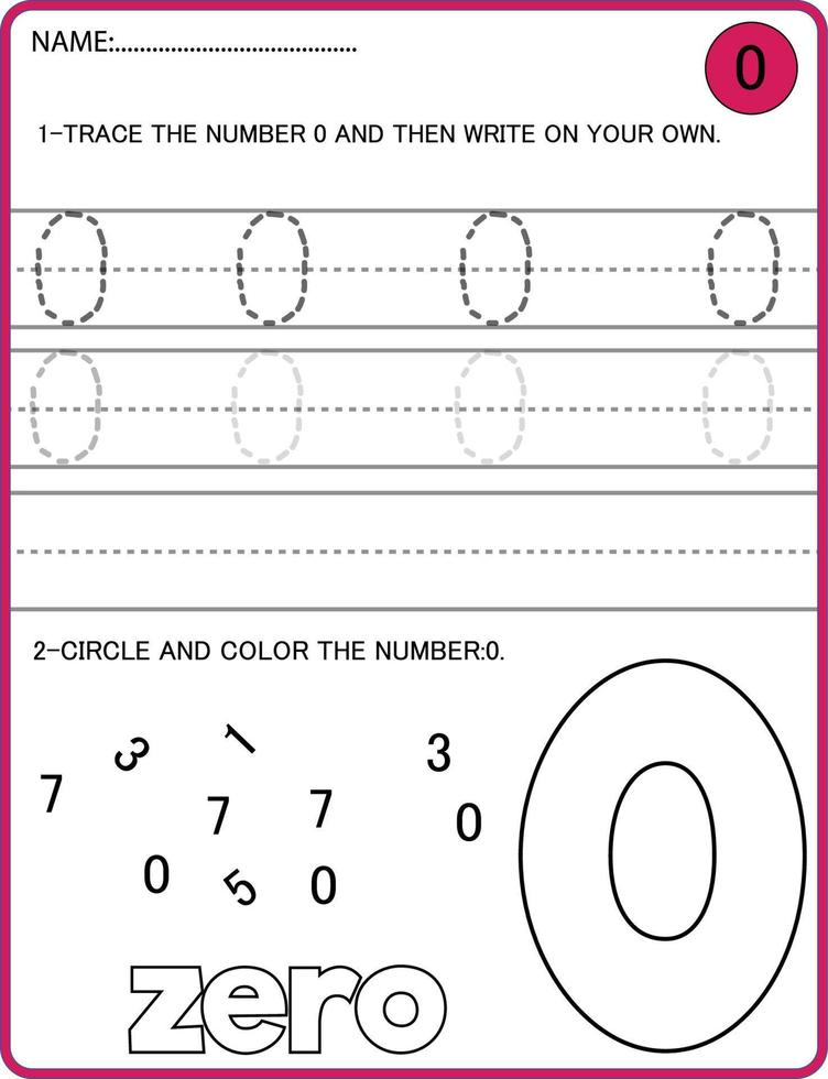Tracing numbers activity. Trace the number 0 Educational children game, printable worksheet vector