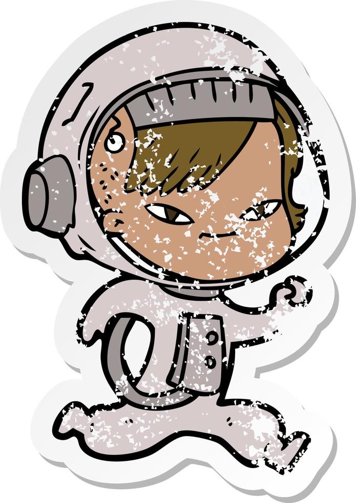 distressed sticker of a cartoon astronaut woman vector