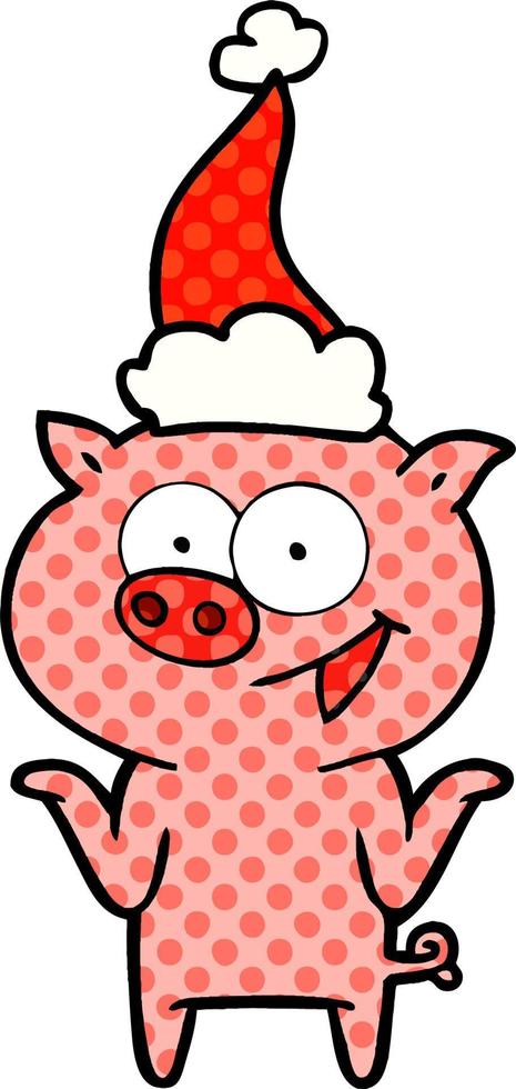 comic book style illustration of a pig with no worries wearing santa hat vector