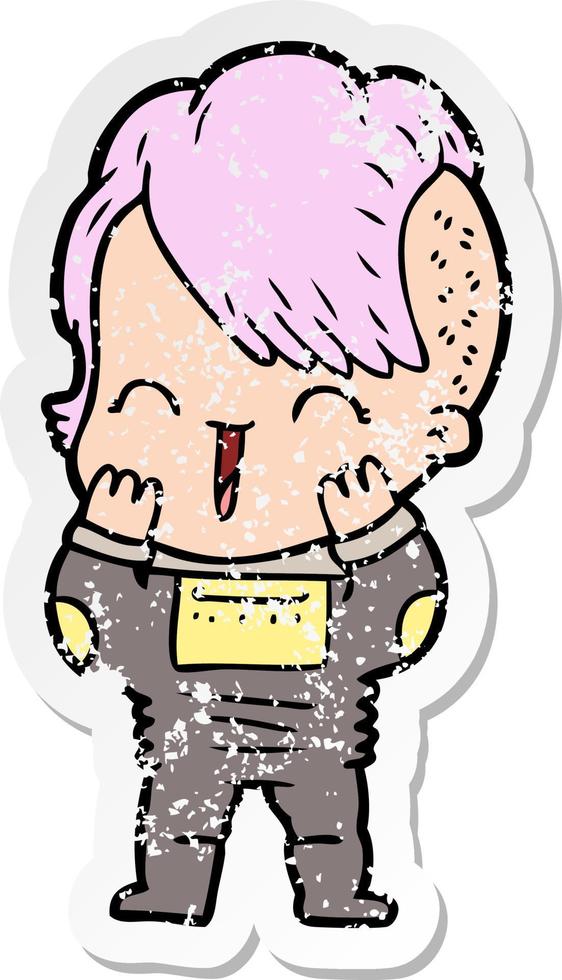 distressed sticker of a cartoon happy hipster girl wearing space suit vector