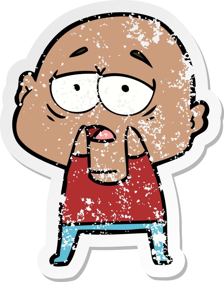 distressed sticker of a cartoon tired bald man vector