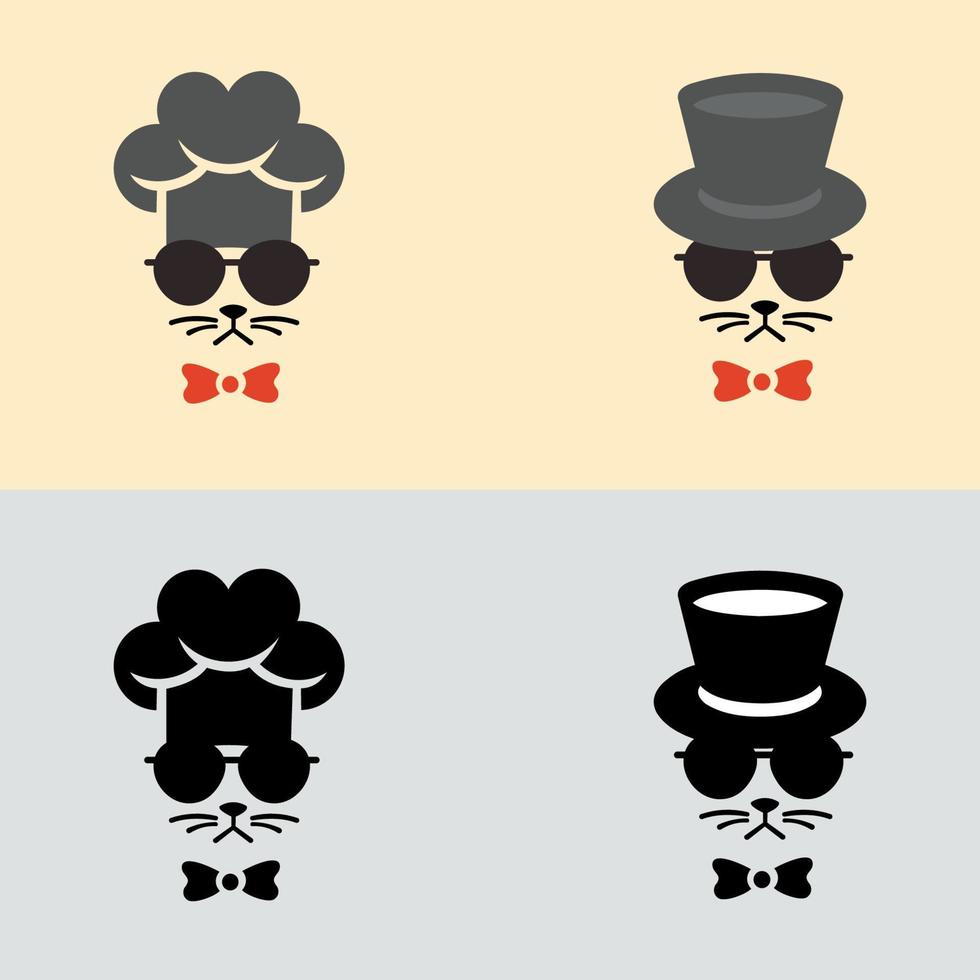 cat chef logo with chef hat. Gentleman cat with top hat and monocle. Funny cartoon vector drawing.