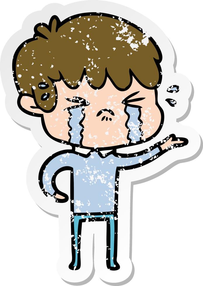 distressed sticker of a cartoon boy crying vector