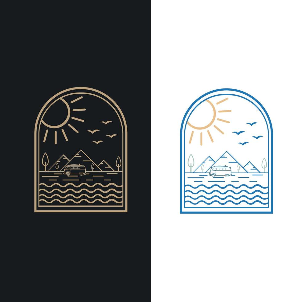 Travel with campervan. Adventure, vintage car, outdoor recreation, adventures in nature, vacation. vector illustration in flat design.