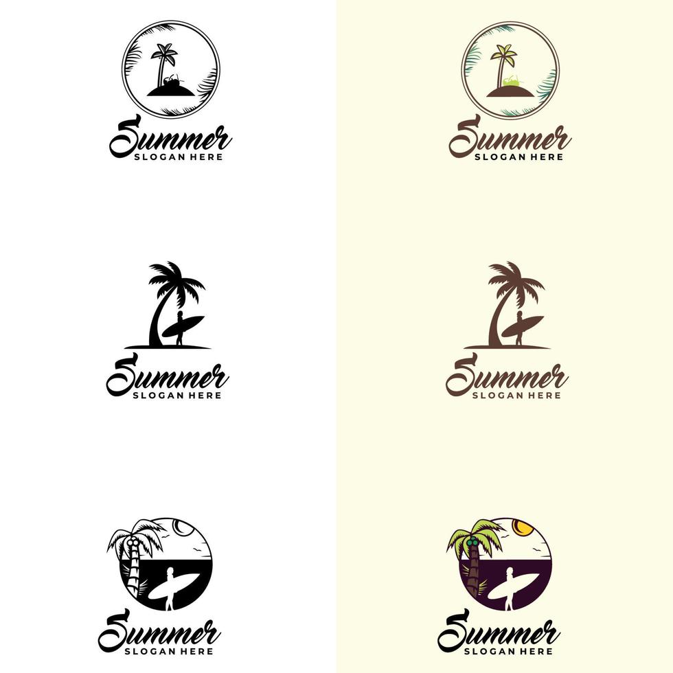 Beach Logo. girl going to the sea. Palm or Coconut Logo Set. Sunset In The Island Logo Concept. vector