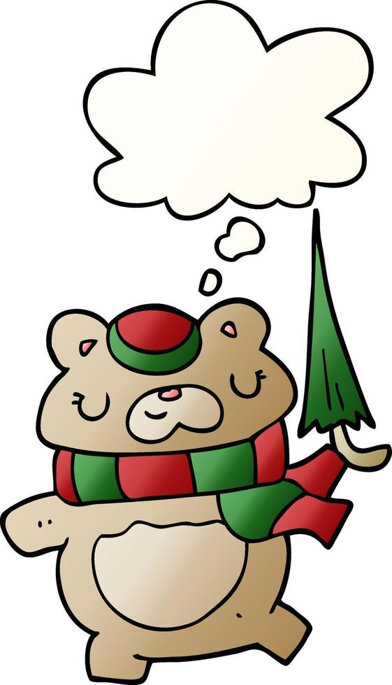 cartoon bear with umbrella and thought bubble in smooth gradient style vector