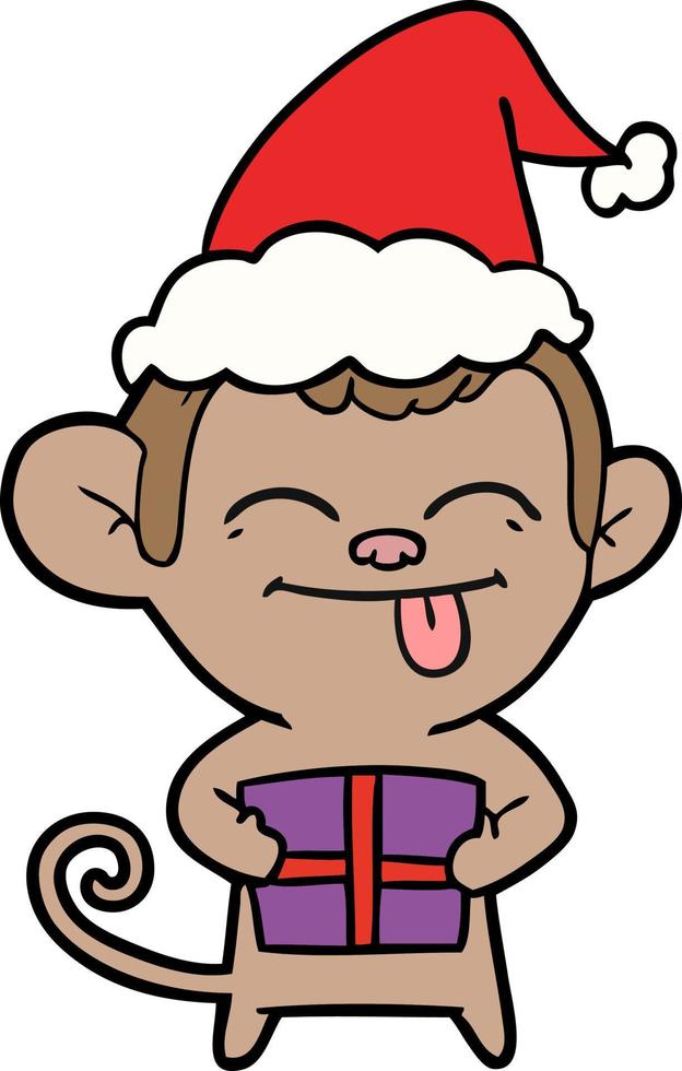 dibujo de línea divertido de un mono con regalo de navidad con sombrero de santa vector