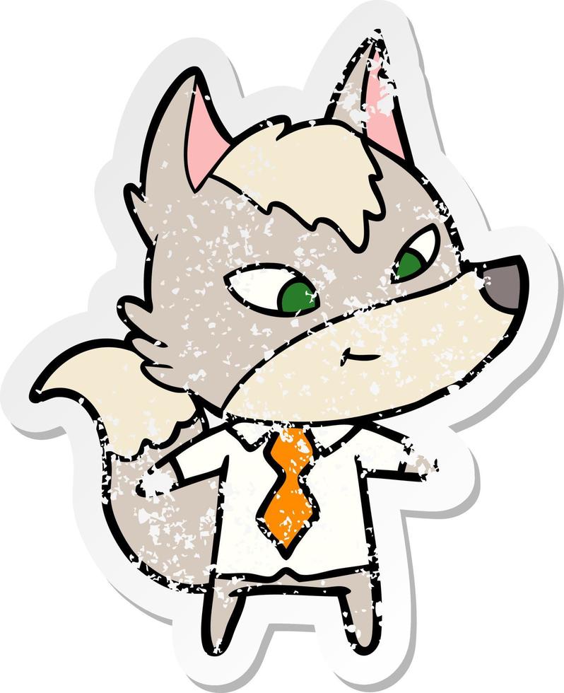 distressed sticker of a friendly cartoon wolf manager vector