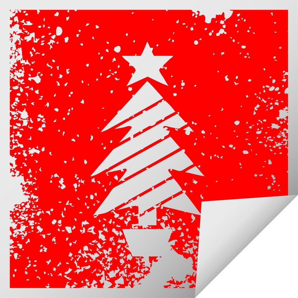 árbol de navidad con el símbolo de la etiqueta engomada de la peladura cuadrada angustiada vector