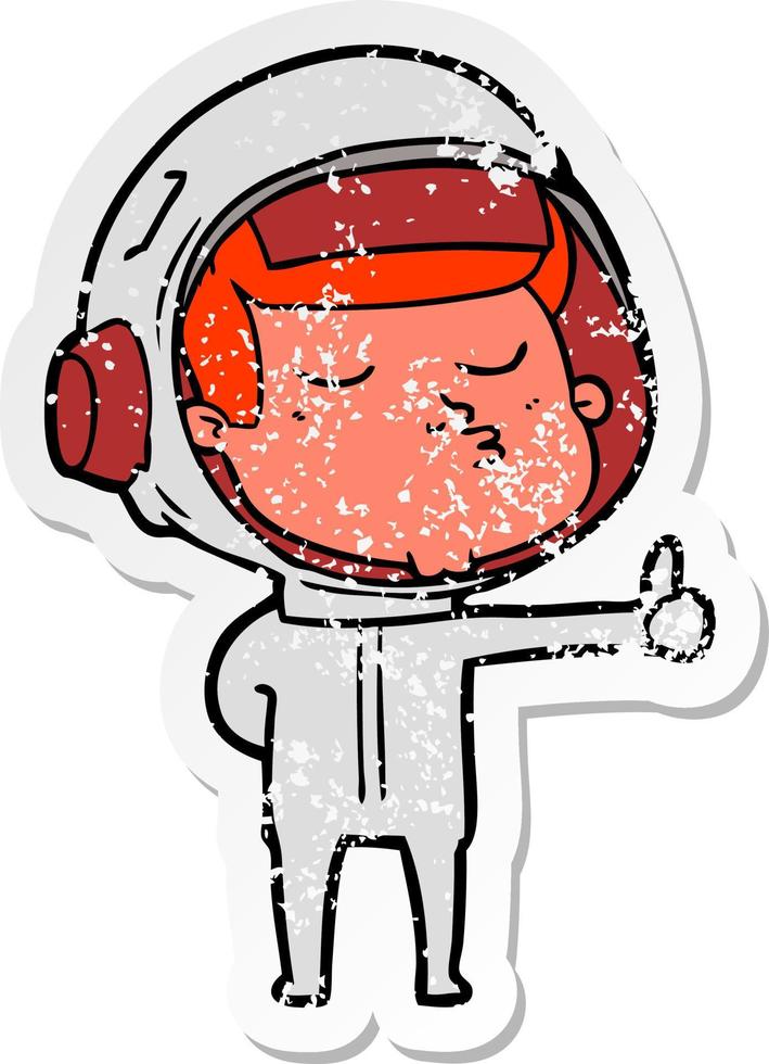 pegatina angustiada de un astronauta seguro de dibujos animados dando pulgares hacia arriba vector