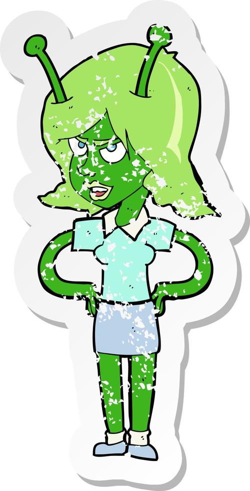 retro distressed sticker of a cartoon alien woman vector