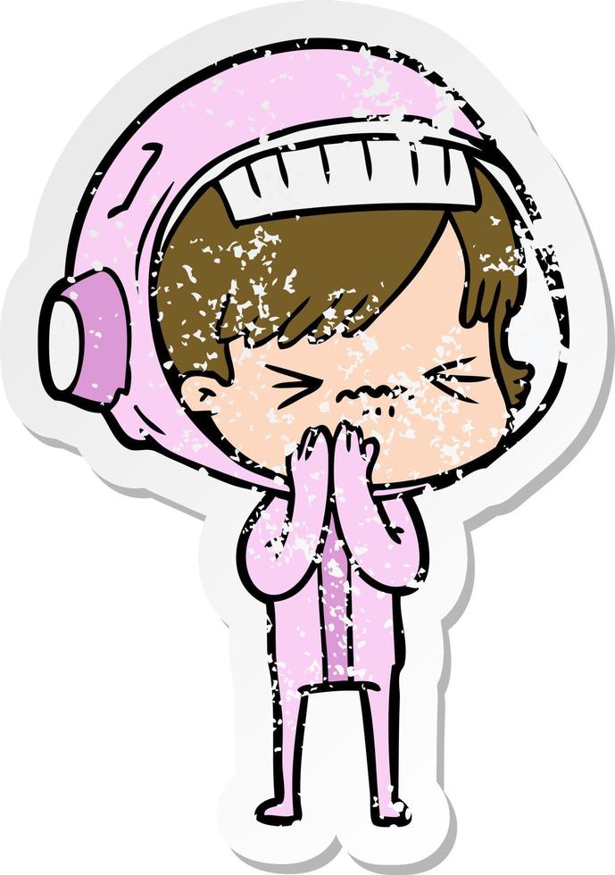 distressed sticker of a cartoon astronaut woman vector