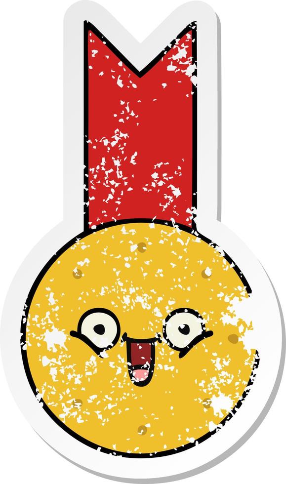 distressed sticker of a cute cartoon gold medal vector