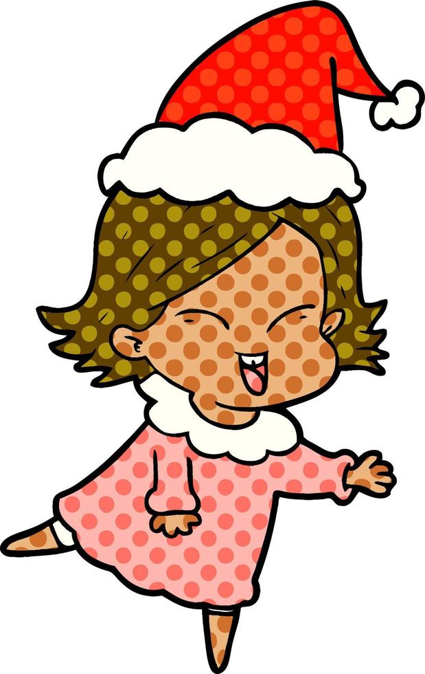 happy comic book style illustration of a girl wearing santa hat vector