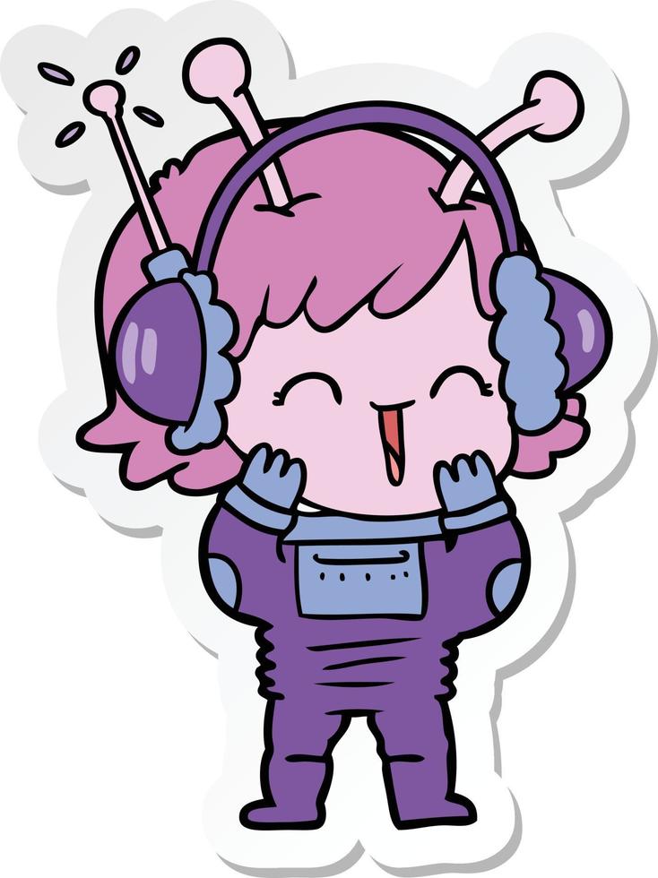 sticker of a cartoon alien girl listening to music vector