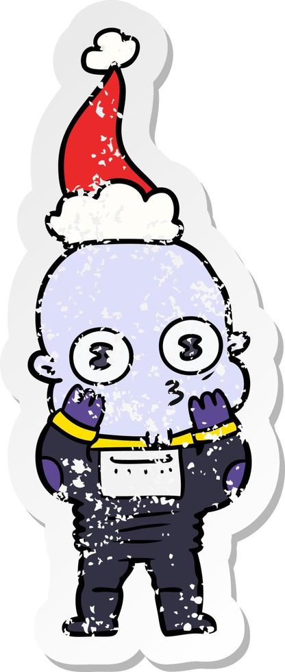 distressed sticker cartoon of a weird bald spaceman wearing santa hat vector