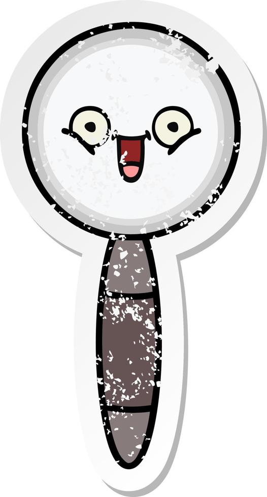 distressed sticker of a cute cartoon magnifying glass vector