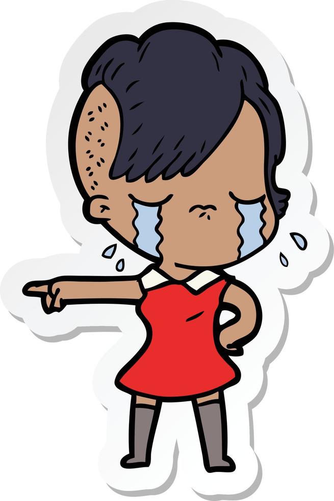 sticker of a cartoon crying girl pointing vector