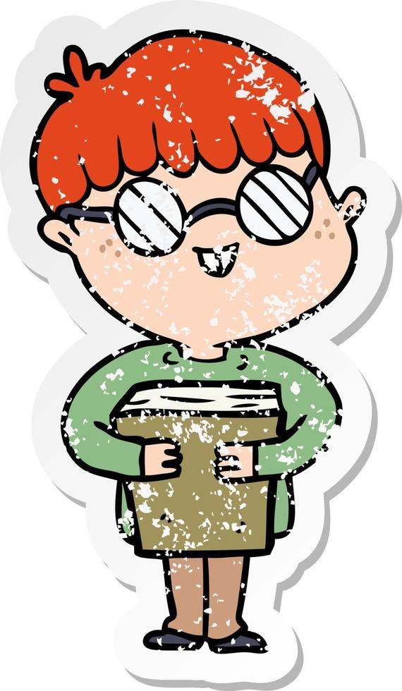 distressed sticker of a cartoon boy wearing spectacles vector