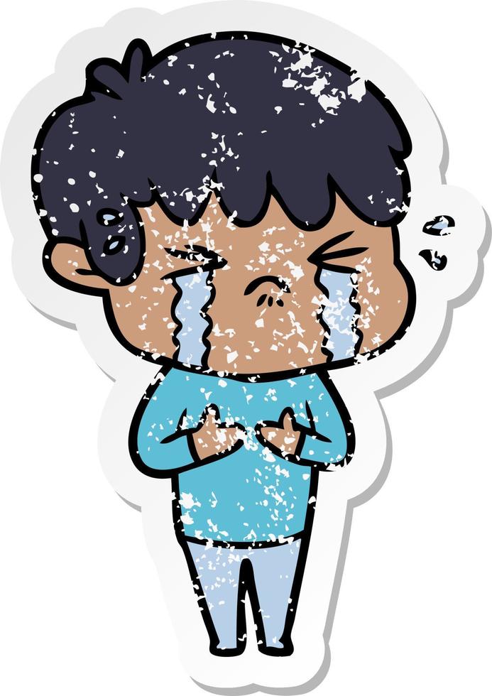 distressed sticker of a cartoon boy crying vector