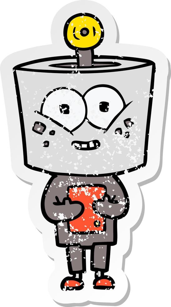 distressed sticker of a happy cartoon robot vector