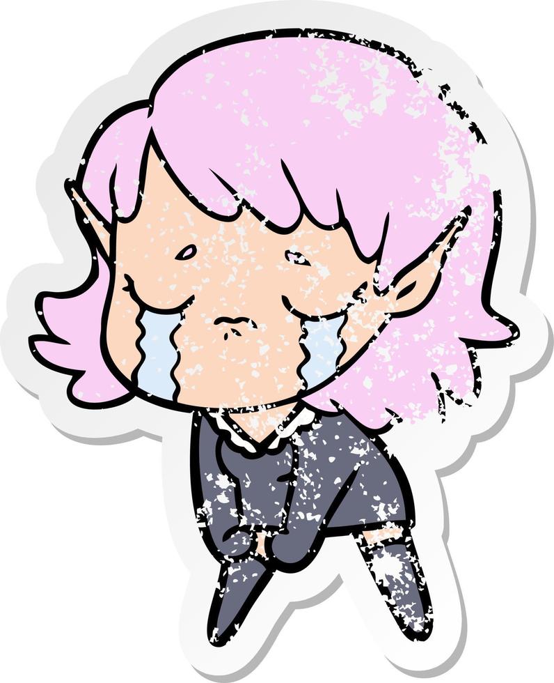 distressed sticker of a cartoon crying elf girl vector