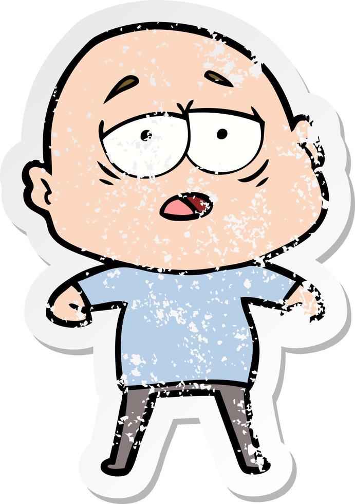 distressed sticker of a cartoon tired bald man vector