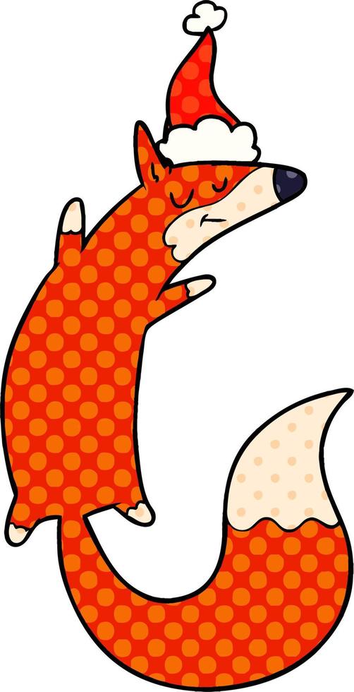 comic book style illustration of a jumping fox wearing santa hat vector