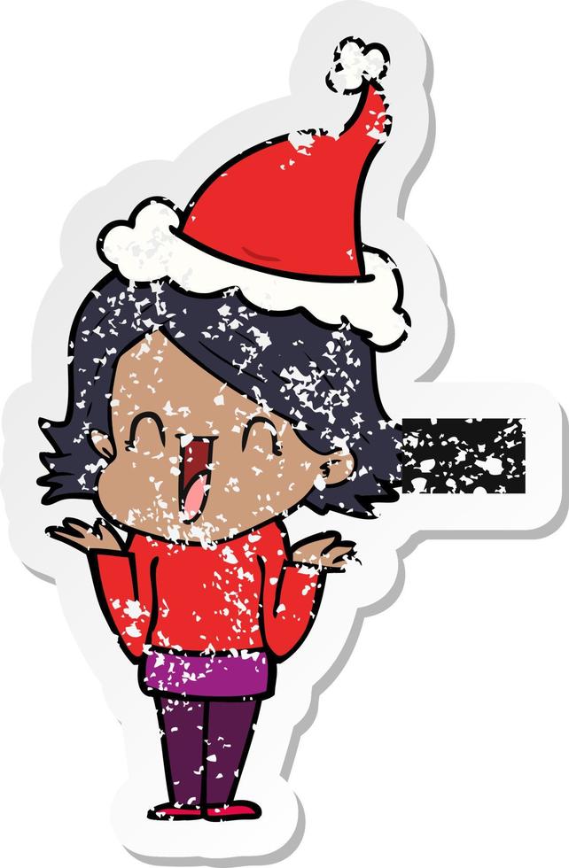 distressed sticker cartoon of a happy woman wearing santa hat vector