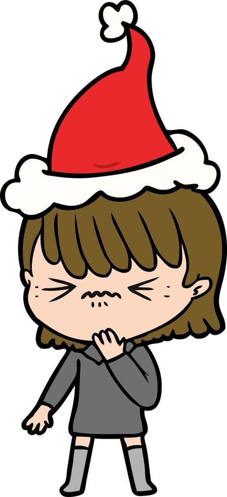 line drawing of a girl regretting a mistake wearing santa hat vector