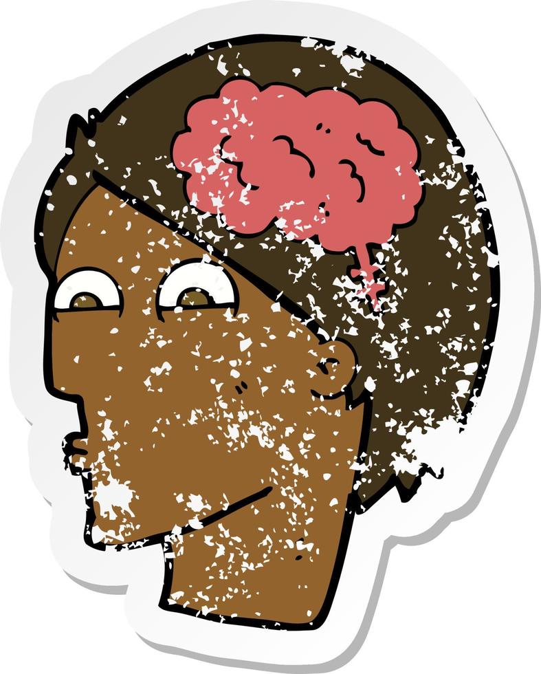 retro distressed sticker of a cartoon head with brain symbol vector