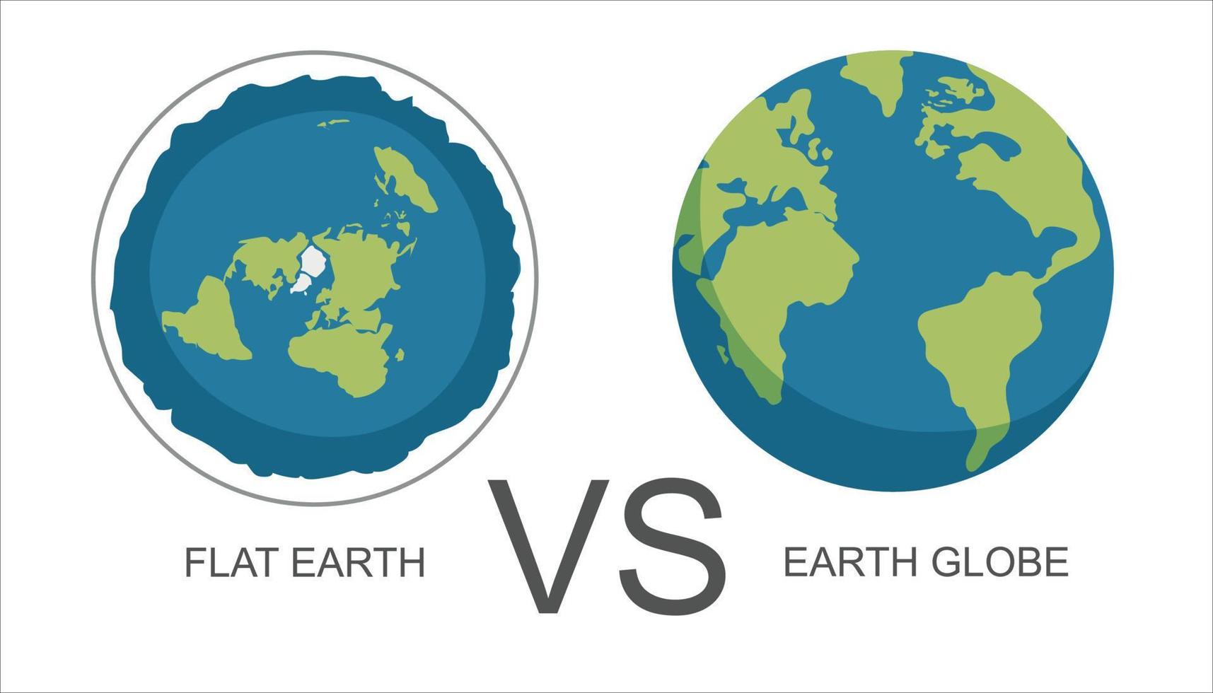 Flat earth . Ancient belief in plane globe in form of disk. flat earth vs earth globe. Vector illustration