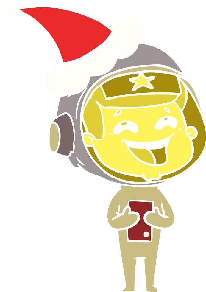 flat color illustration of a laughing astronaut wearing santa hat vector