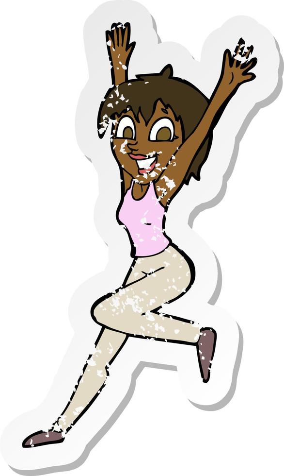 retro distressed sticker of a cartoon excited woman vector