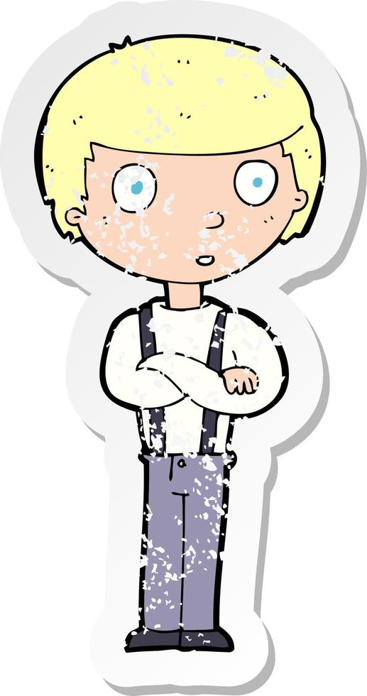 retro distressed sticker of a cartoon staring boy with folded arms vector