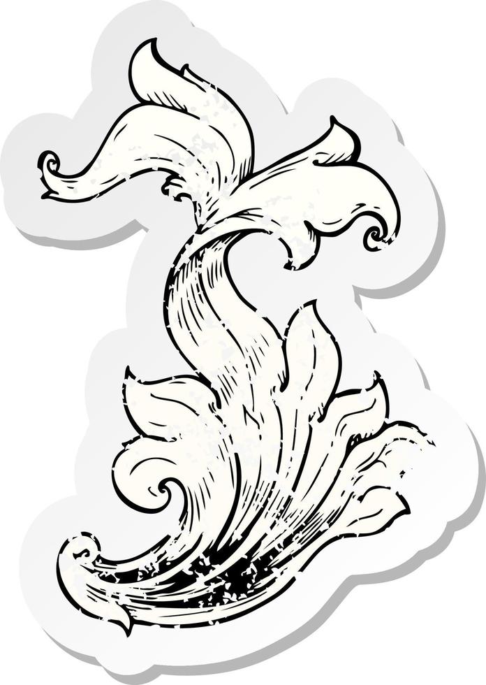 retro distressed sticker of a traditional hand drawn floral swirl vector