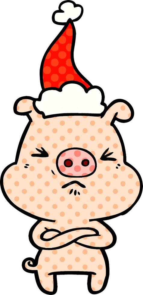 comic book style illustration of a angry pig wearing santa hat vector