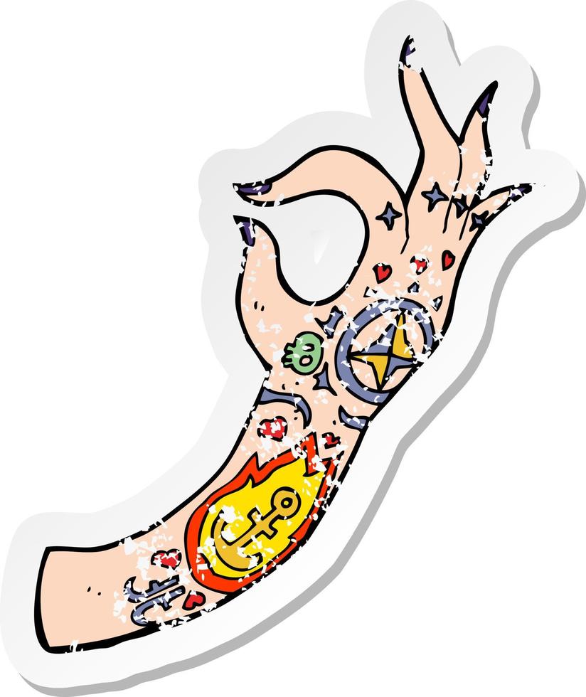 retro distressed sticker of a cartoon tattoo arm vector