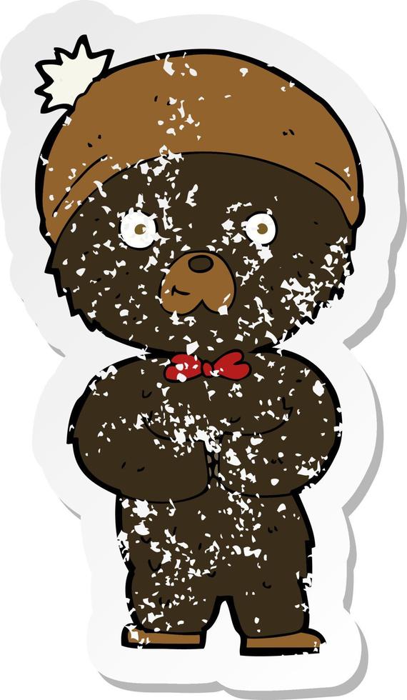retro distressed sticker of a cartoon little black bear vector