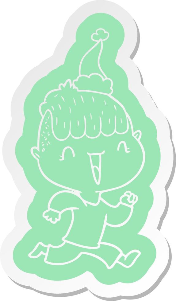 cartoon  sticker of a happy boy surprised wearing santa hat vector